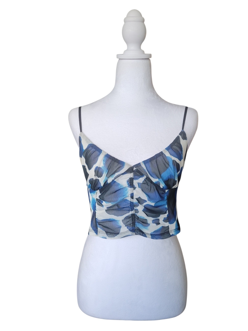 Garage Sheer Ruched Mesh Crop Top Cami Blue White Abstract Print